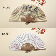 Buddha Stones Pine Tree Garden Peony Handheld Paper Bamboo Folding Fan 26cm 7