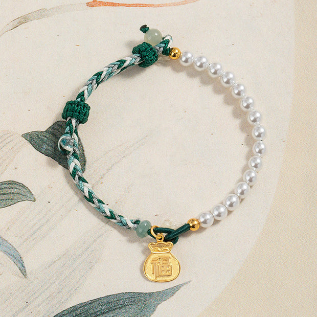 Buddha Stones 925 Sterling Silver Fu Character Lucky Bag Pearl Hetian Jade Wisdom Rope Bracelet 3