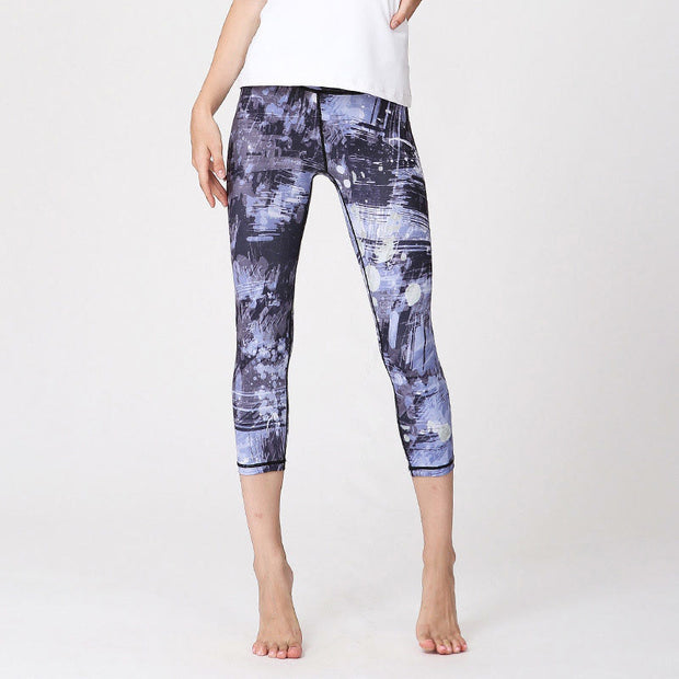 Buddha Stones Cherry Blossoms Sakura Lines Print Sports Yoga Cropped Leggings Women's Yoga Capri Pants Women's Capri Pants BS Gray Blue Lines XL(Fit for US8-10; UK/AU12-14; EU40-42)