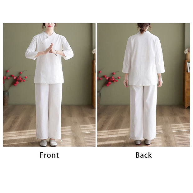 Buddha Stones 2Pcs Long Sleeve V-Neck Shirt Top Pants Meditation Zen Tai Chi Cotton Linen Clothing Women's Set Women's Meditation Cloth BS 10