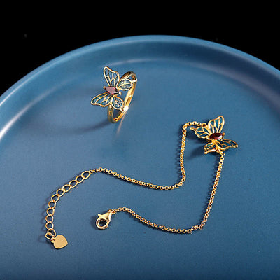 Buddha Stones 925 Sterling Silver Plated Gold Garnet Butterfly Freedom Bracelet Ring Earrings Set Bracelet Necklaces & Pendants BS main
