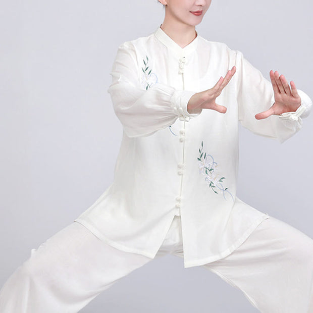 Buddha Stones White Flowers Embroidery Meditation Prayer Spiritual Zen Tai Chi Qigong Practice Unisex Clothing Set 2