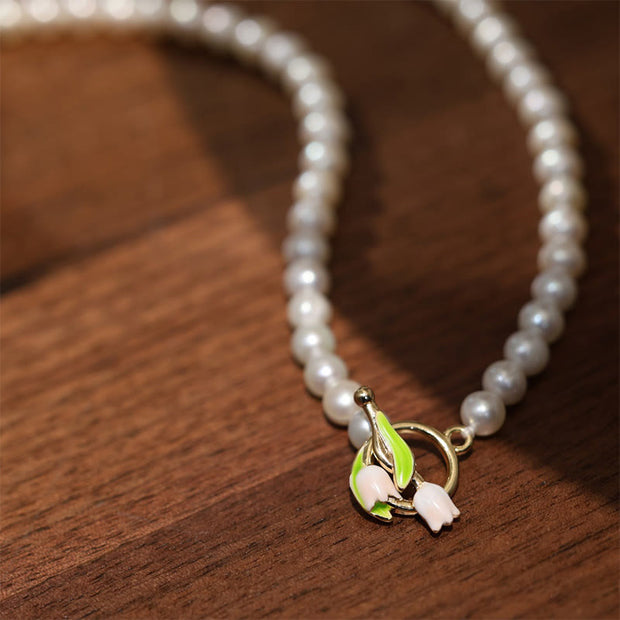 Buddha Stones Natural Pearl Tulip Flower Healing Necklace Pendant Bracelet Earrings Set Bracelet Necklaces & Pendants BS 2