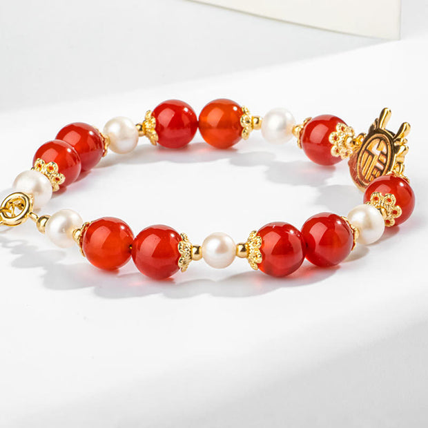 Buddha Stones 14K Gold Plated Year Of The Dragon Natural Red Agate Pearl Protection Fu Character Chain Bracelet (Extra 30% Off | USE CODE: FS30) Bracelet BS 5