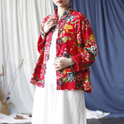 Buddha Stones Ethnic Red Flower Peony Frog-Button Cotton Linen Long Sleeve Shirt Jacket With Pockets 2