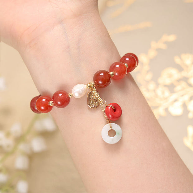 Buddha Stones Jade Red Agate Peace Buckle Charm Confidence Bracelet 10