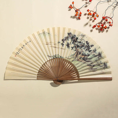 Buddha Stones Pine Tree Garden Peony Handheld Paper Bamboo Folding Fan 26cm 1