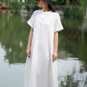 Buddha Stones Frog-Button Midi Dress Cotton Linen Short Sleeve Dress With Pockets