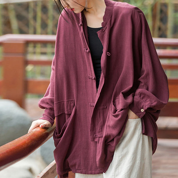 Buddha Stones Frog-Button Long Sleeve Zen Meditation Open Front Jacket With Pockets