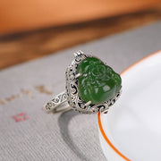 Buddha Stones 925 Sterling Silver Natural Hetian Cyan Jade Laughing Buddha Auspicious Clouds Success Necklace Pendant Ring Set