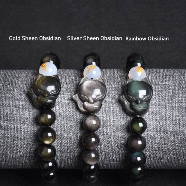 Buddha Stones Natural Rainbow Obsidian Gold Sheen Obsidian Silver Sheen Obsidian Fox Healing Bracelet Bracelet BS 6
