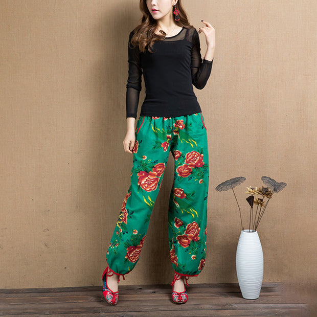 Buddha Stones Ethnic Style Red Green Flowers Print Harem Pants With Pockets Women's Harem Pants BS 13