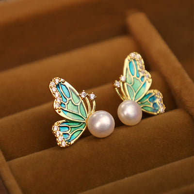 Buddha Stones 925 Sterling Silver Posts 18K Gold Plated Copper Natural Pearl Butterfly Healing Stud Earrings