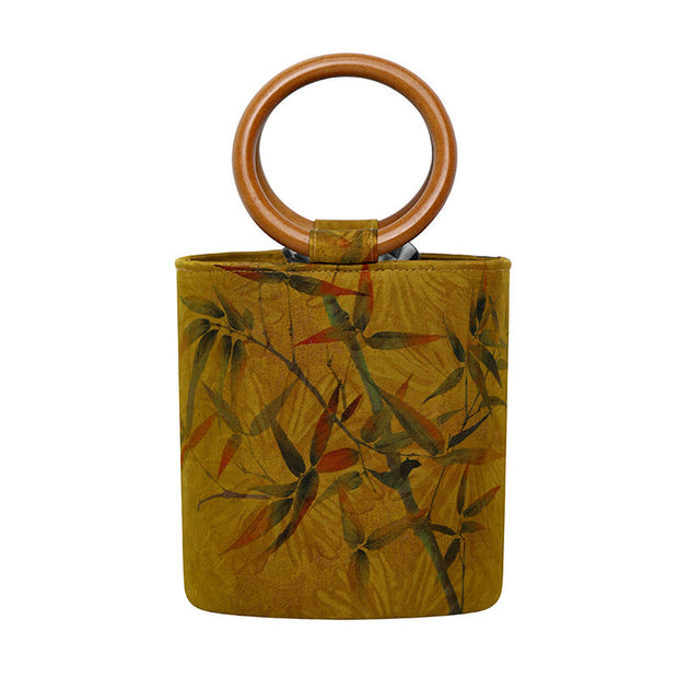 Buddha Stones Bamboo Leaf Butterfly Cherry Blossom Persimmon Wood Handle Handbag Handbags BS 9