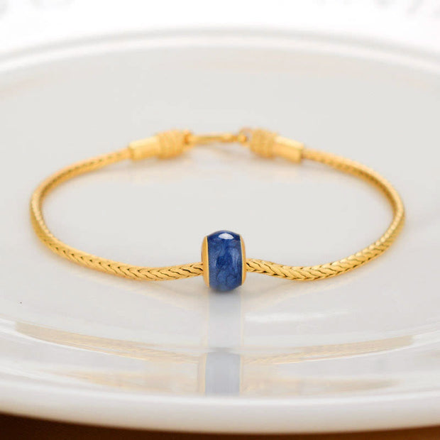 Buddha Stones Tibetan 18K Gold Om Mani Padme Hum Lucky Koi Fish Fu Character Ingot Copper Coin Peace Bracelet Bracelet BS Blue Bead