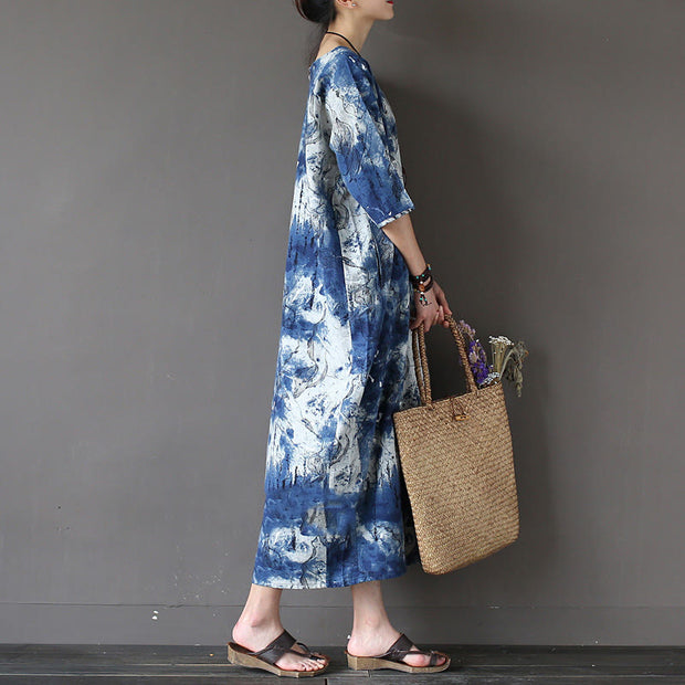 Buddha Stones Ink Tie Dye Midi Dress Three Quarter Sleeve Cotton Linen Dress With Pockets 3