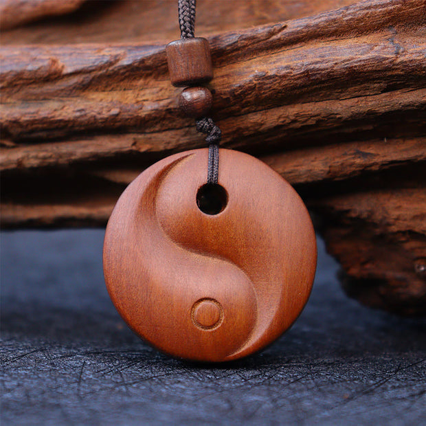 Buddha Stones Lightning Struck Jujube Wood Yin Yang Luck Protection Necklace Pendant