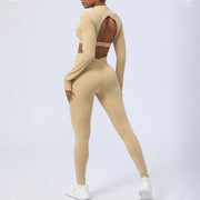 Buddha Stones 2Pcs Long Sleeve Backless Top Bra Leggings Pants Fitness Yoga Outfit Set