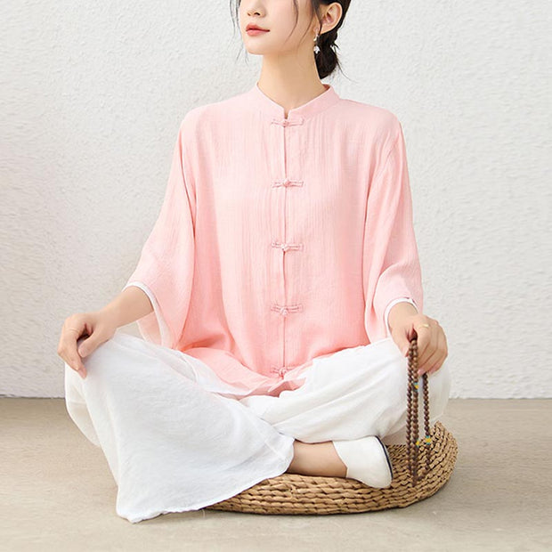 Buddha Stones 2Pcs Simple Chinese Frog Button Design Top Pants Meditation Yoga Zen Tai Chi Cotton Clothing Women's Set Clothes BS Pink Top&White Pants 2XL(Suitable for Weight 70-77.5kg)