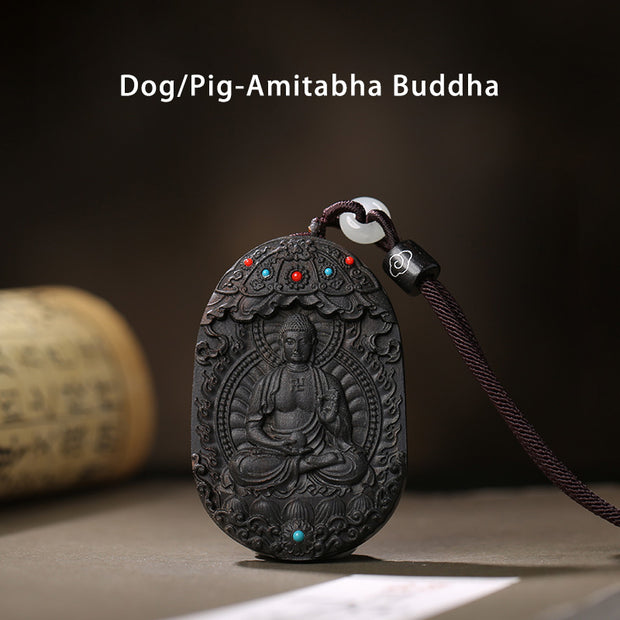 Buddha Stones Chinese Zodiac Natal Buddha Agarwood Om Mani Padme Hum Lotus Peace Necklace Pendant Necklaces & Pendants BS Dog/Pig-Amitabha Buddha