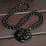 Buddha Stones Black Obsidian Double Pixiu Bead Rope Purification Necklace Pendant Necklaces & Pendants BS 3