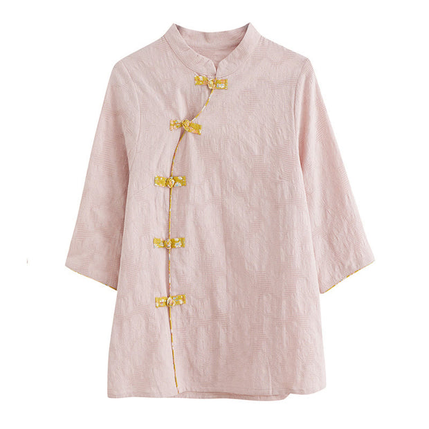 Buddha Stones Floral Pattern Frog-Button Half Sleeve Cotton Linen Shirt