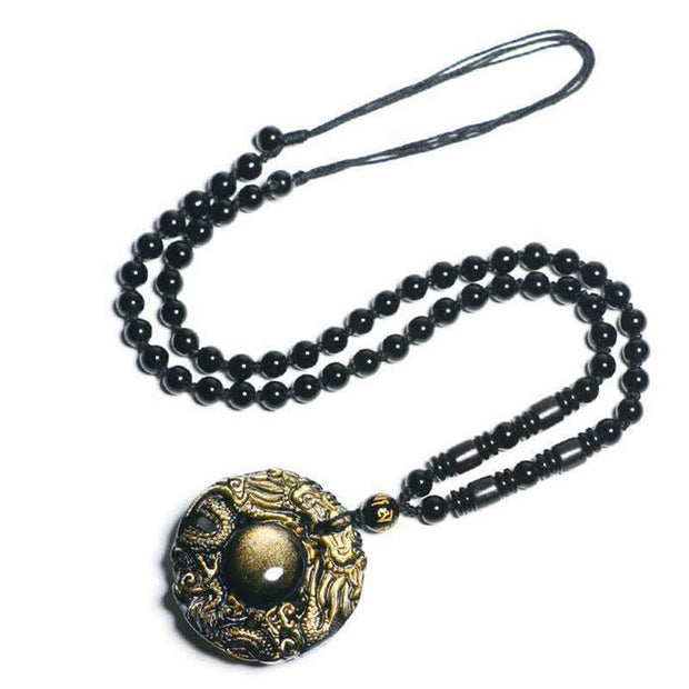 Buddha Stones Natural Gold Sheen Obsidian Rainbow Obsidian Dragon Strength Necklace Pendant (Extra 35% Off | USE CODE: FS35) - Gold Sheen Obsidian&Bead String - image 4