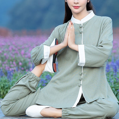 Buddha Stones 2Pcs Tang Suit Top Pants Meditation Yoga Zen Tai Chi Cotton Linen Clothing Women's Set Clothes BS Green(Top&Pants) XXL