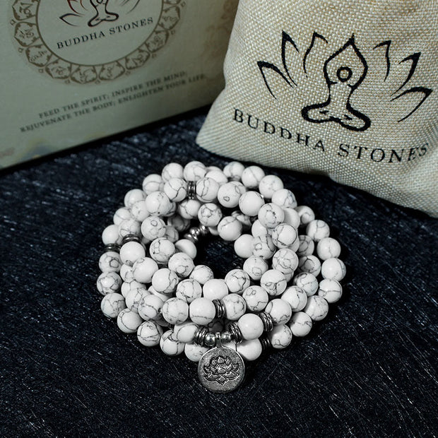 Buddha Stones White Turquoise Lotus Mala Healing Bracelet Mala Bracelet BS 5