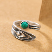 Buddha Stones 925 Sterling Silver Malachite Bead Feather Protection Ring