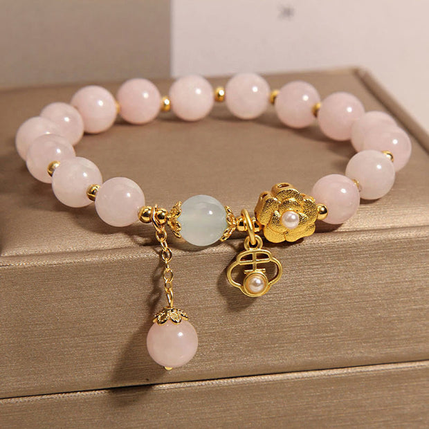 Buddha Stones Natürliches rosa Kristall Glücksblume Wärme Armband
