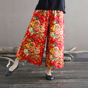 Buddha Stones Red Peony Flowers Cotton Linen Wide Leg Pants With Pockets Women's Wide Leg Pants BS 1