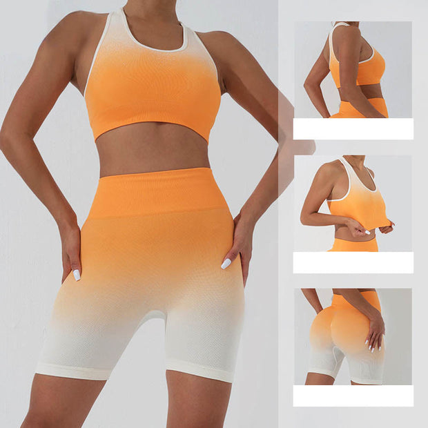 Buddha Stones 2Pcs Gradient Seamless Crop Top Bra Shorts Sports Fitness Gym Yoga Outfits