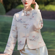 Buddha Stones Peony Flowers Print Frog-Button Tang Suit Design Long Sleeve Jacket