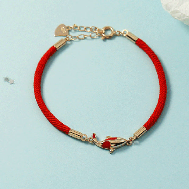 Buddha Stones Copper Koi Fish Wealth Necklace Pendant Red Rope Bracelet Earrings Set