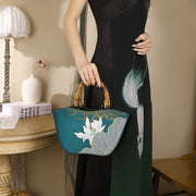 Buddha Stones Lotus Embroidery Bamboo Handle Handbag Handbags BS 1