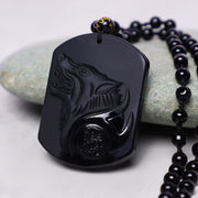 Buddha Stones Black Obsidian Stone Wolf Purification Pendant Necklace