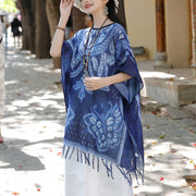 Buddha Stones Blue Butterfly Indigo Dyeing Shawl Tassels Cozy Travel Pullover 90*95cm 11
