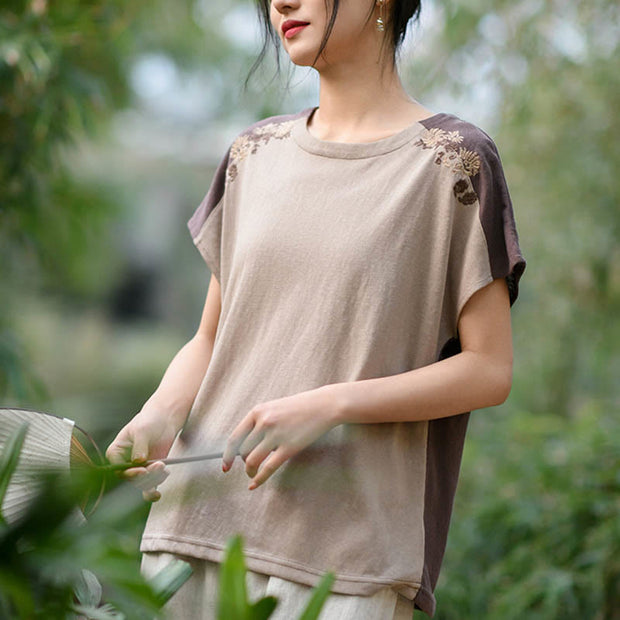 Buddha Stones Embroidery Stitching Short Sleeve Top Loose Tee T-shirt