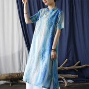 Buddha Stones Ramie Blue Digital Printing Cheongsam Dresses Short Sleeve Linen Dress 14