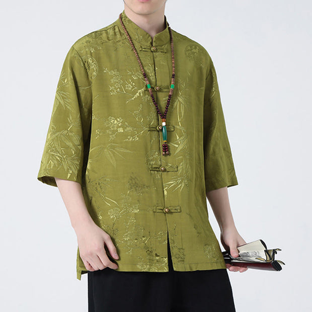 Buddha Stones Peach Blossom Bamboo Leaves Frog-button Chinese Half Sleeve Shirt Men T-shirt