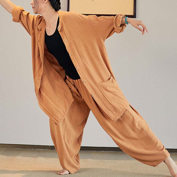 Buddha Stones Plain Long Sleeve Coat Jacket Top Wide Leg Pants Zen Tai Chi Yoga Meditation Clothing Clothes BS 24