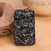 Buddha Stones Natural Black Obsidian Rectangular Dragon Engraved Success Necklace Pendant
