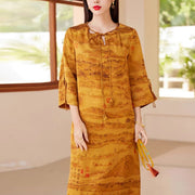 Buddha Stones 100% Mulberry Xiangyunsha Silk 35 Momme Landscape Painting Drawstring Midi Dress