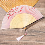 Buddha Stones Spring Flowers Branches Handheld Silk Bamboo Folding Fan 22cm 6