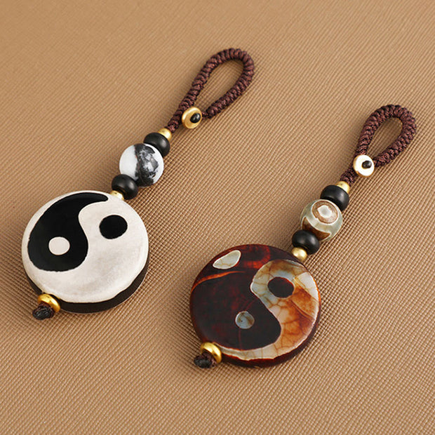 Buddha Stones Natural Agate Yin Yang Dzi Bead Balance Keychain Key Chain BS 2