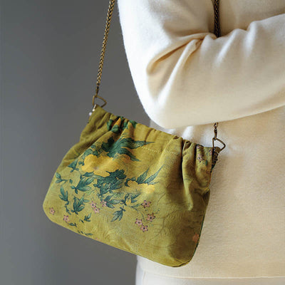 Buddha Stones Yellow Green Flower Black Persimmon Metal Chain Crossbody Bag Shoulder Bag Handbag