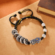 Buddha Stones 999 Sterling Silver FengShui PiXiu Copper Coin Fu Character Wealth Braided Bracelet