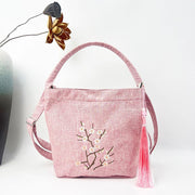 Buddha Stones Embroidery Wisteria Plum Lotus Cherry Blossom Cotton Linen Canvas Tote Crossbody Bag Shoulder Bag Handbag 32