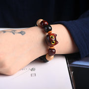 Buddha Stones Small Leaf Red Sandalwood Ebony Wood Cute Cat Engraved Protection Bracelet